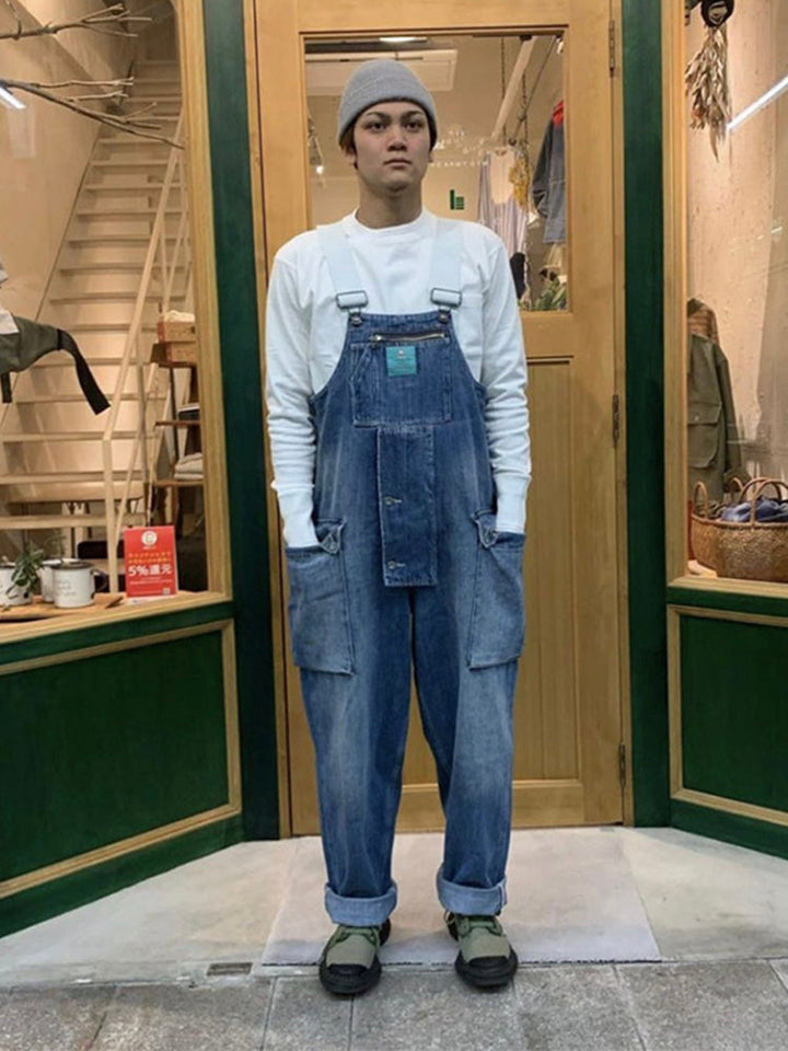 Distressed Denim Dungarees with Multiple Pockets