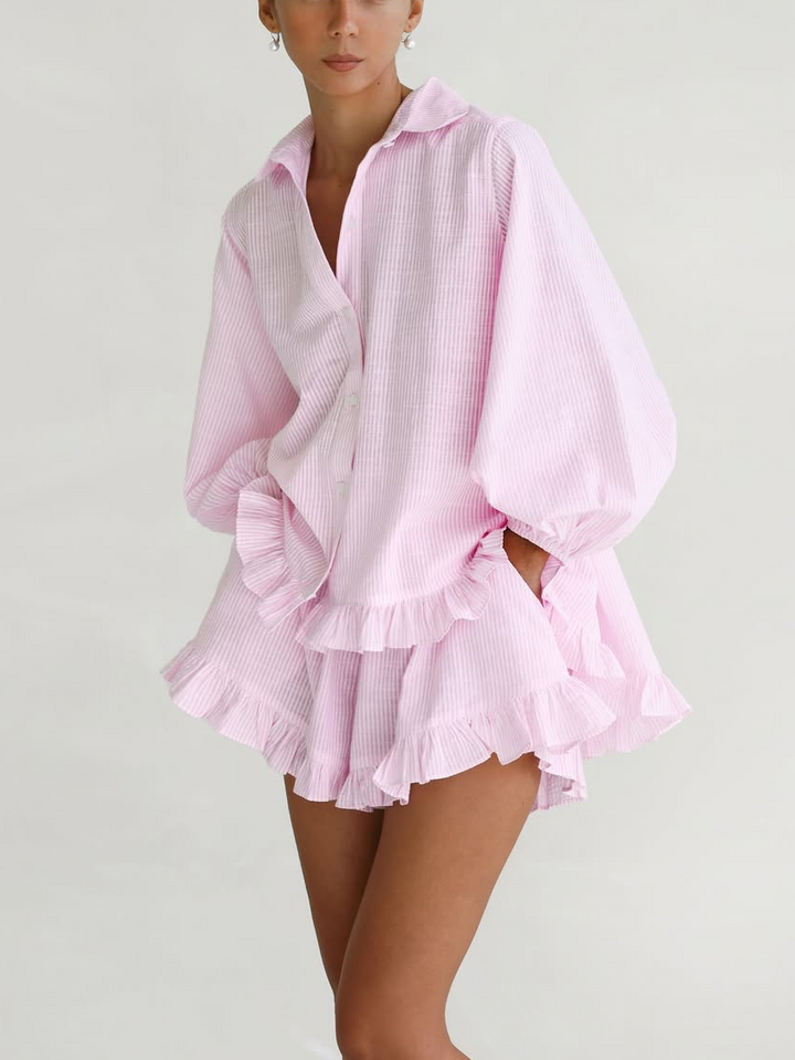 Leah™ | Striped Lapel Bubble Sleeve Ruffle Shorts Set