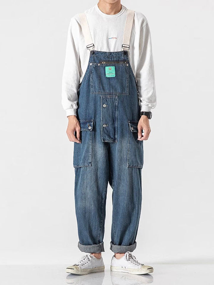 Distressed Denim Dungarees with Multiple Pockets