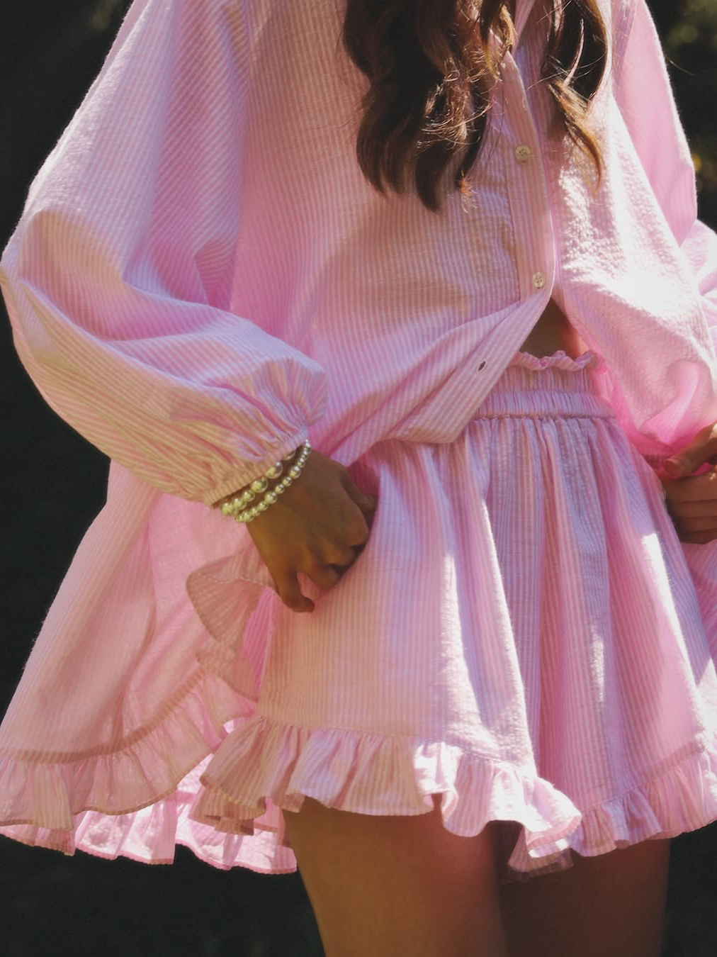 Leah™ | Striped Lapel Bubble Sleeve Ruffle Shorts Set