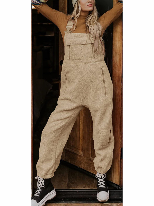 Fleece Thermal Overalls with Zipper Pockets for Women