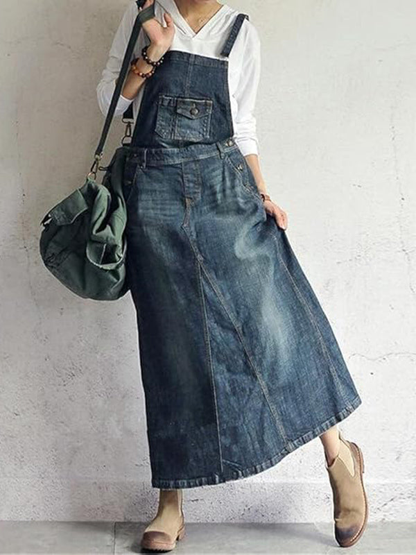 Casual Denim Overall Dress with Back Slit