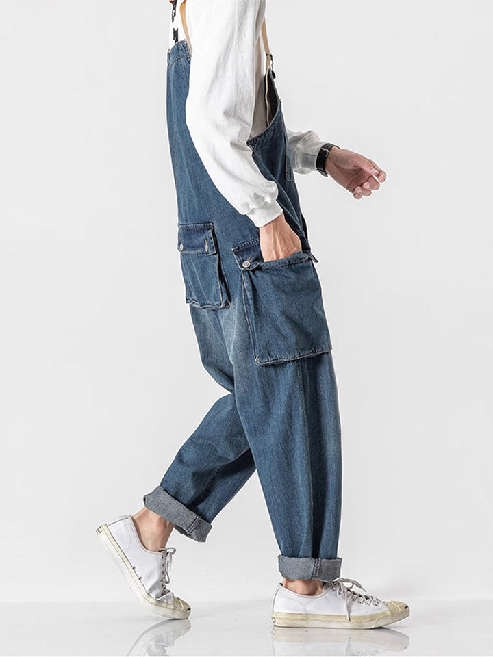 Distressed Denim Dungarees with Multiple Pockets