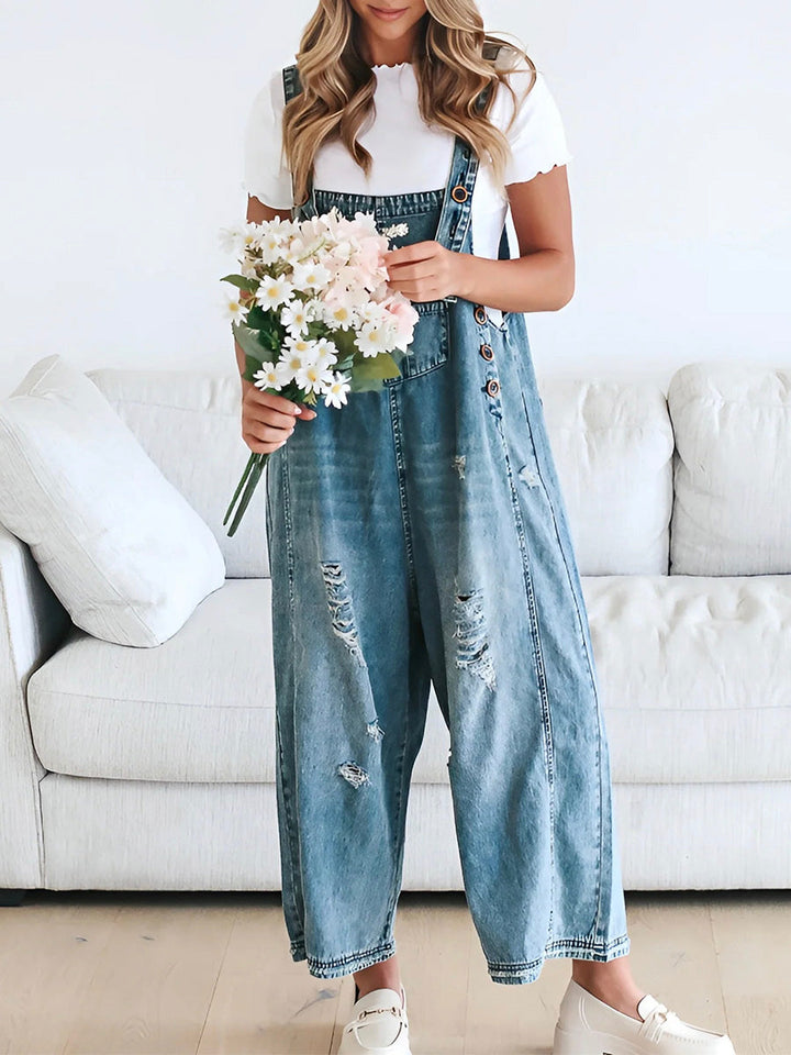 Locker fit denim dungarees in a distressed look