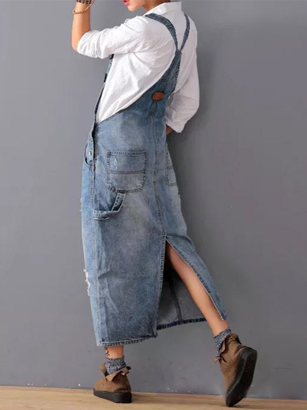 Distressed Denim Pinafore Dress with Back Slit