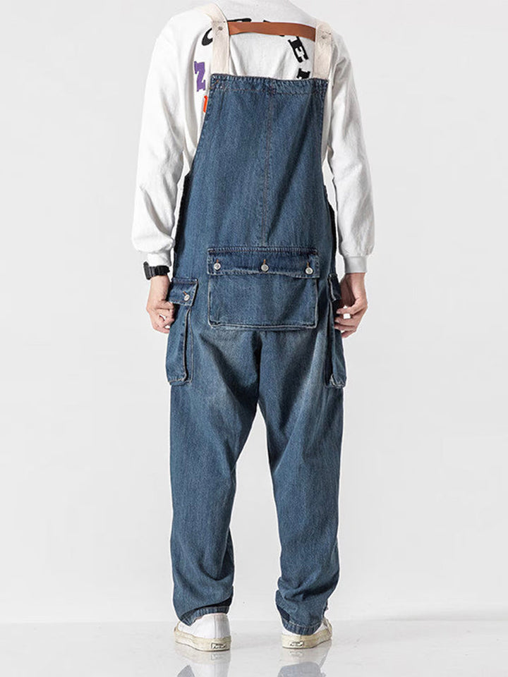 Distressed Denim Dungarees with Multiple Pockets