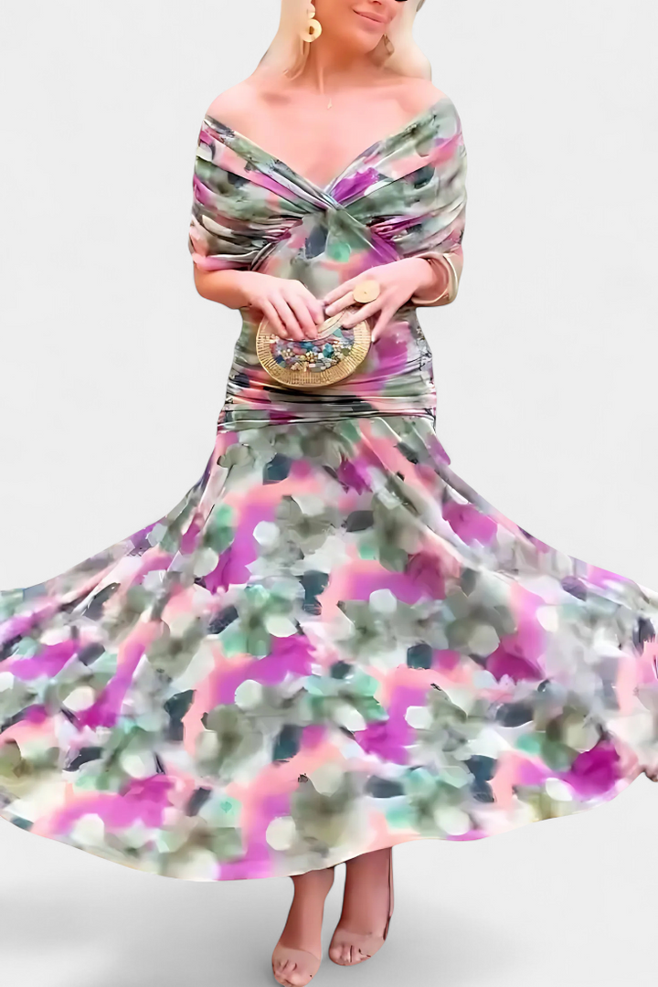 Florendra™ | Long Floral V Neck Dress