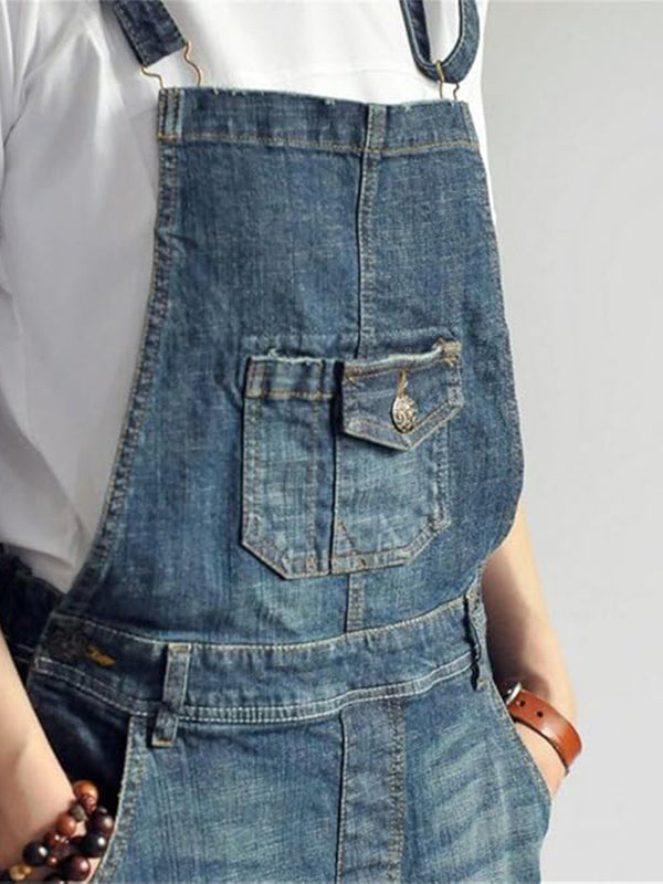 Casual Denim Overall Dress with Back Slit