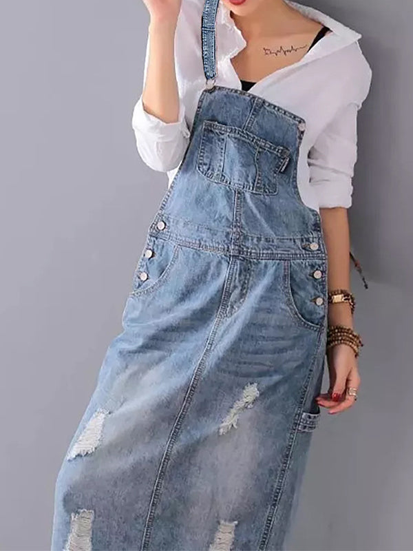 Distressed Denim Pinafore Dress with Back Slit