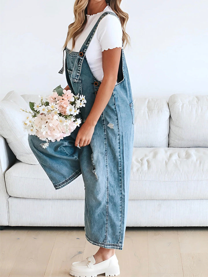 Locker fit denim dungarees in a distressed look