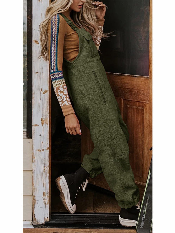 Fleece Thermal Overalls with Zipper Pockets for Women