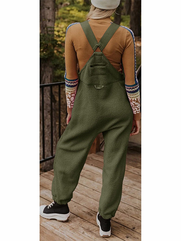 Fleece Thermal Overalls with Zipper Pockets for Women