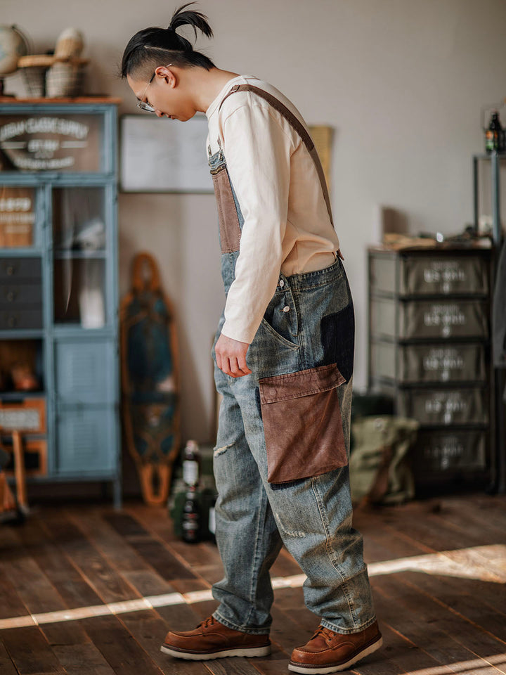 Men's Dungarees in Contrasting Distressed Denim