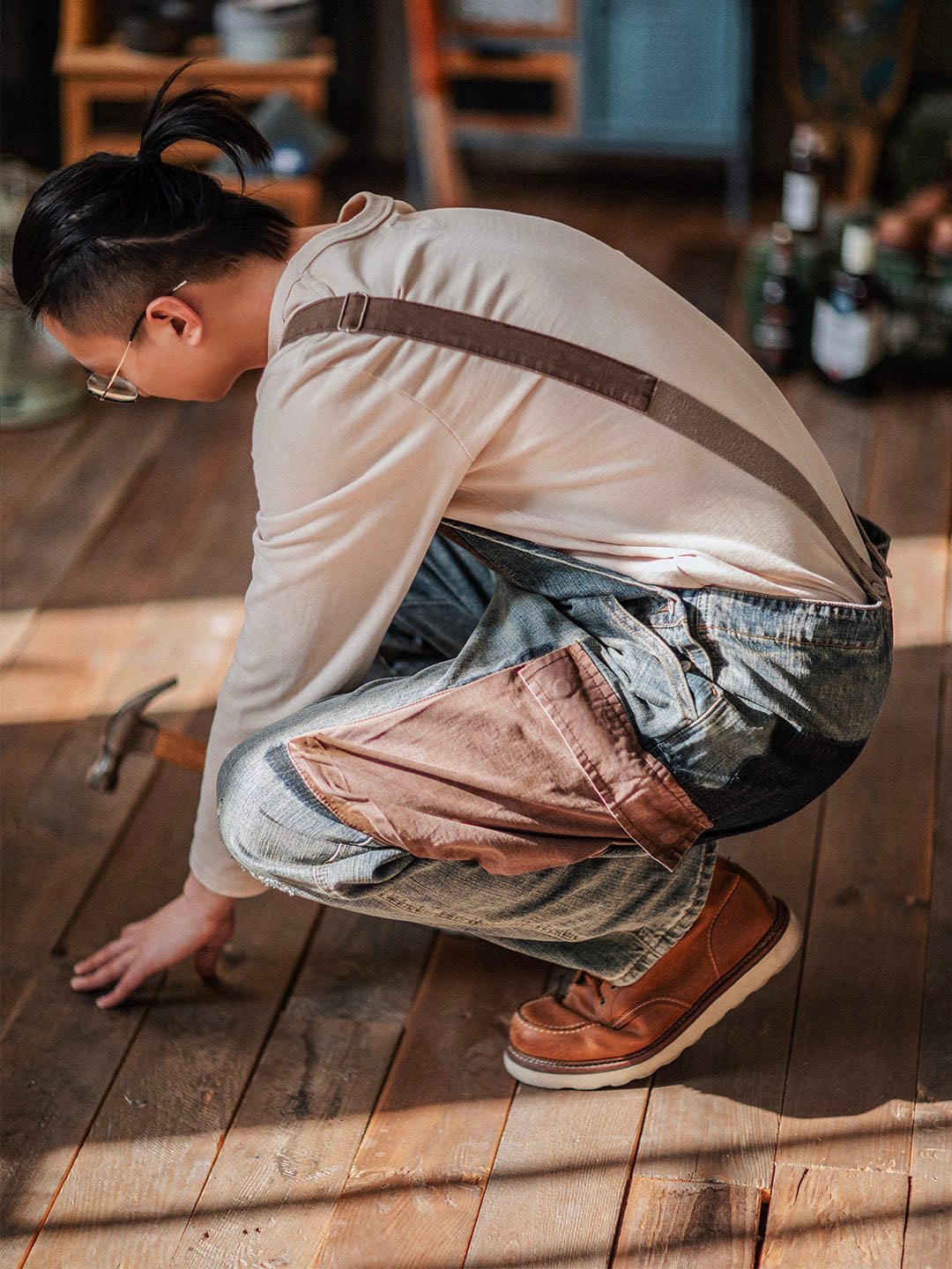 Men's Dungarees in Contrasting Distressed Denim