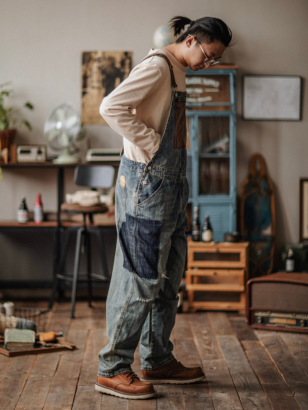 Men's Dungarees in Contrasting Distressed Denim