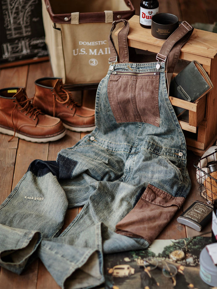 Men's Dungarees in Contrasting Distressed Denim