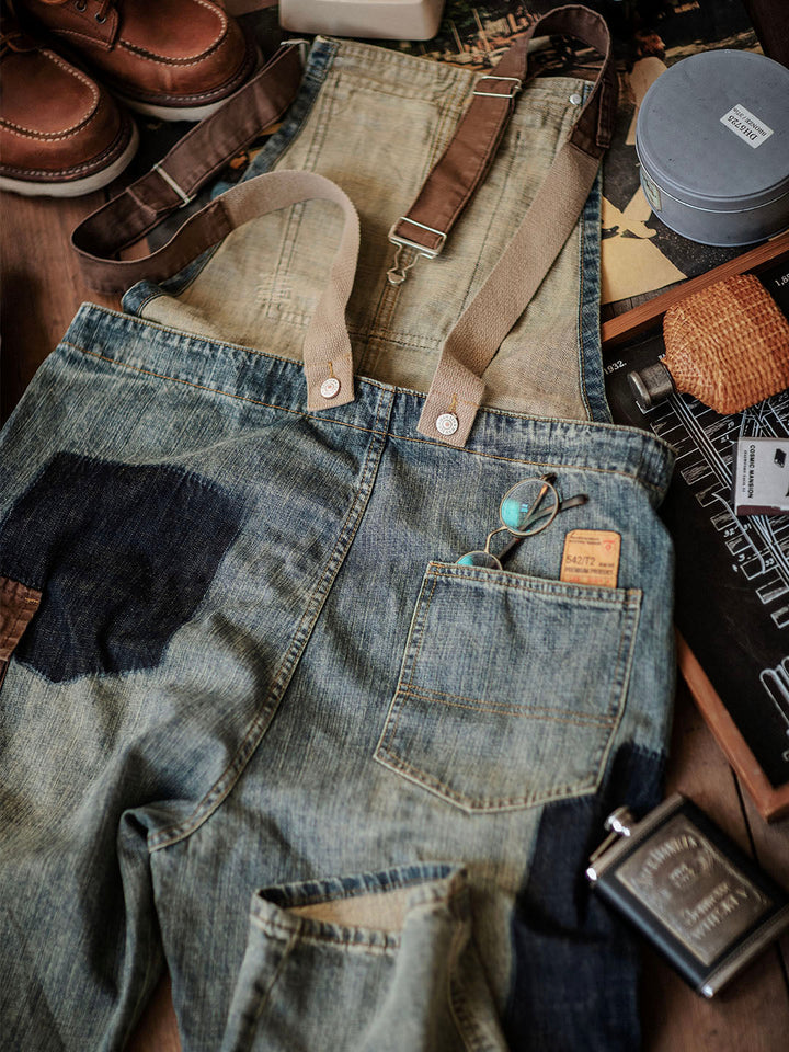 Men's Dungarees in Contrasting Distressed Denim