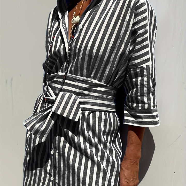 CHRISTINE | STRIPED PRINT DRESS WITH BUTTON CLOSURE AND BELT
