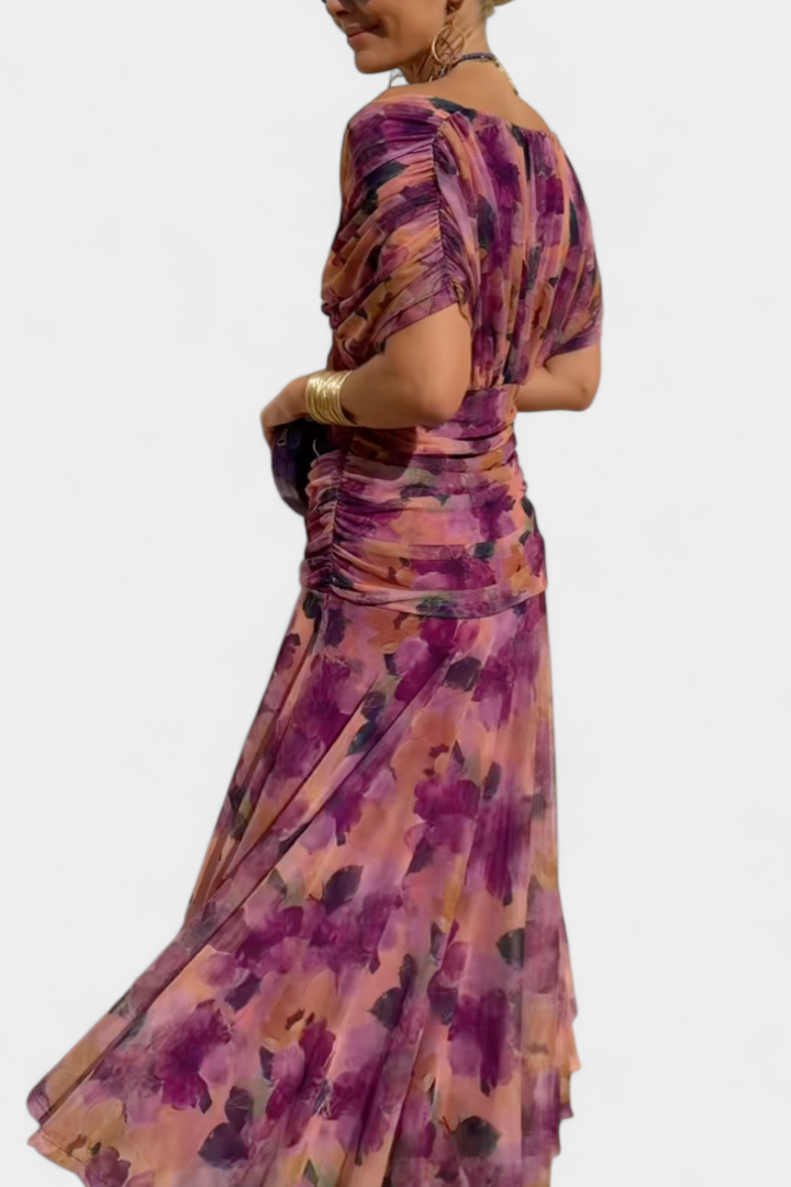 Florendra™ | Long Floral V Neck Dress