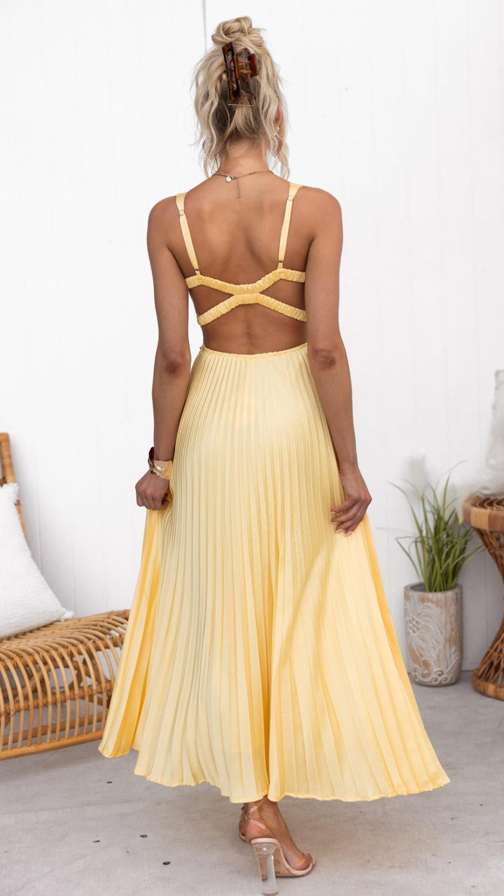 Aby™ | Yellow Pleated V-Neck Maxi Dress
