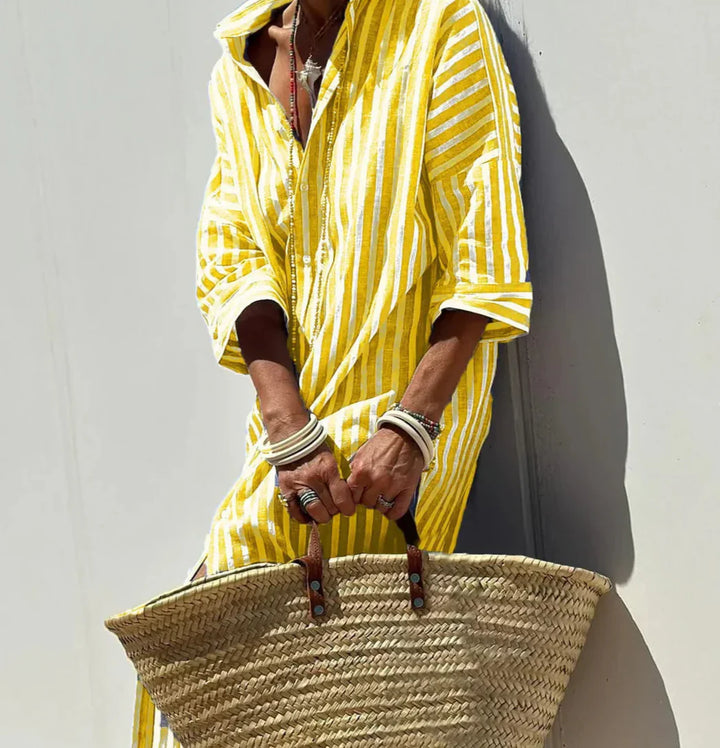 CHRISTINE | STRIPED PRINT DRESS WITH BUTTON CLOSURE AND BELT