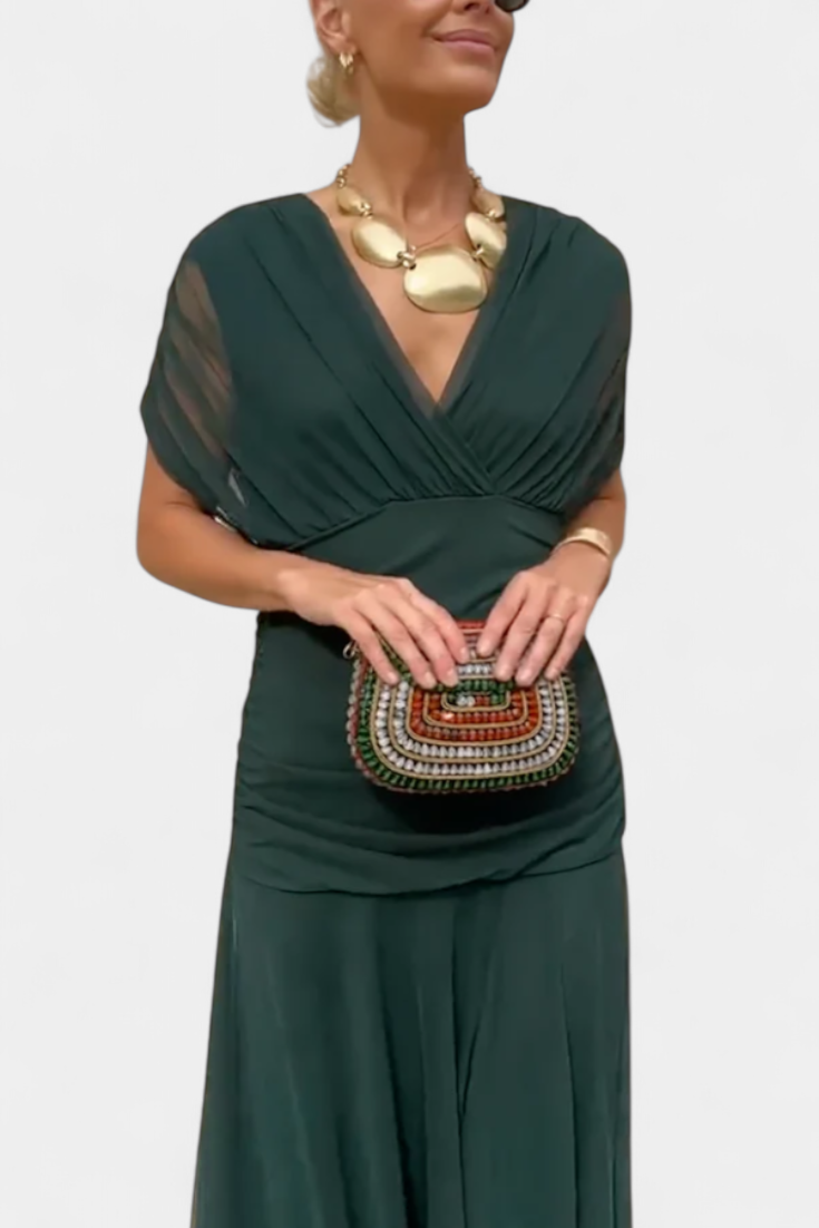 Florendra™ | Long Floral V Neck Dress